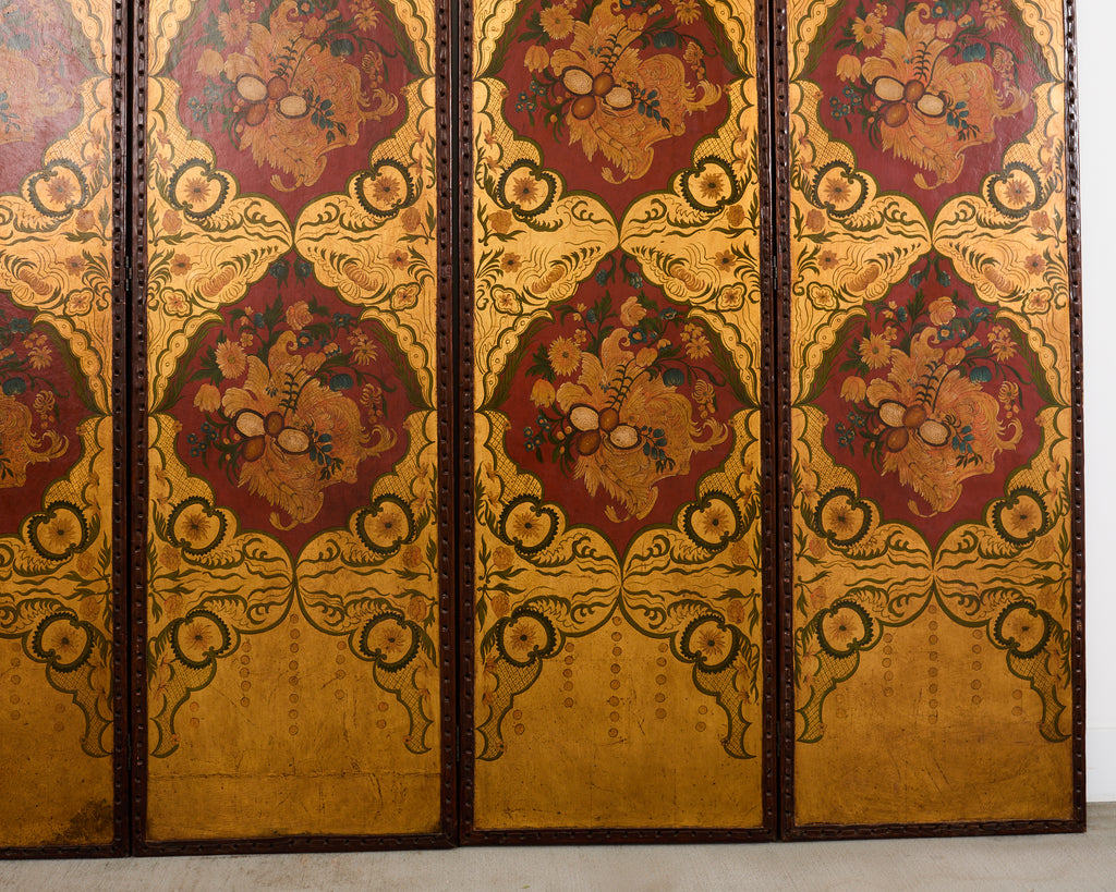 Spanish Colonial Baroque Style Painted Leather Eight Panel Screen
