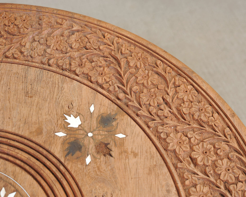 Moorish Style Carved Teak Inlaid Round Tabouret Drink Table