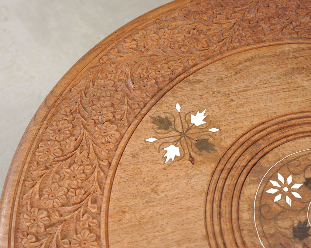 Moorish Style Carved Teak Inlaid Round Tabouret Drink Table