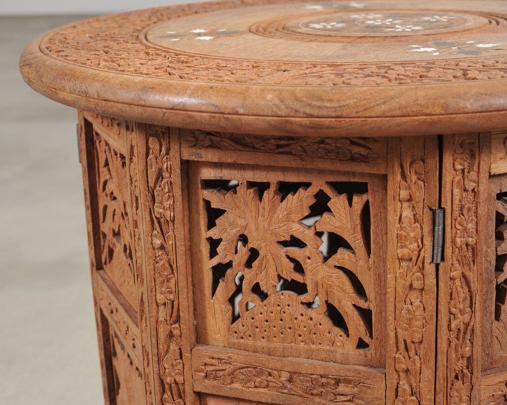 Moorish Style Carved Teak Inlaid Round Tabouret Drink Table