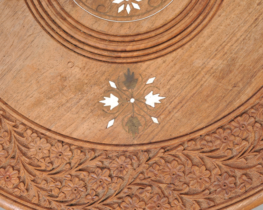 Moorish Style Carved Teak Inlaid Round Tabouret Drink Table