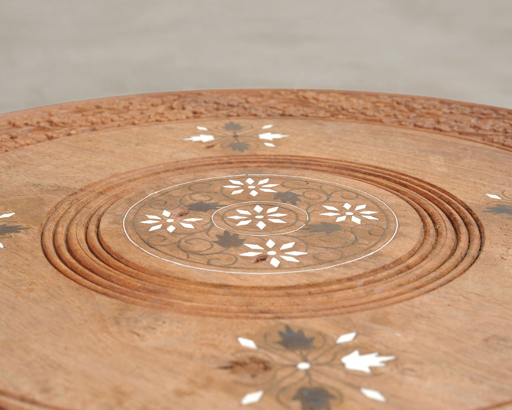 Moorish Style Carved Teak Inlaid Round Tabouret Drink Table