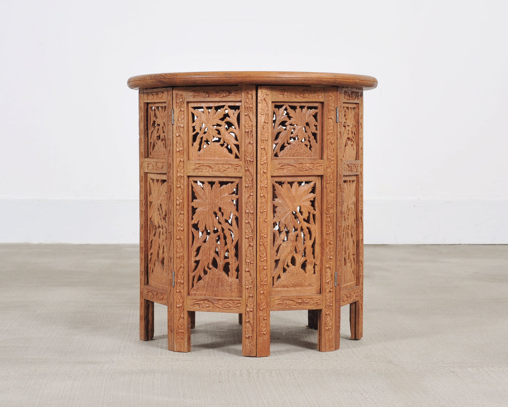 Moorish Style Carved Teak Inlaid Round Tabouret Drink Table
