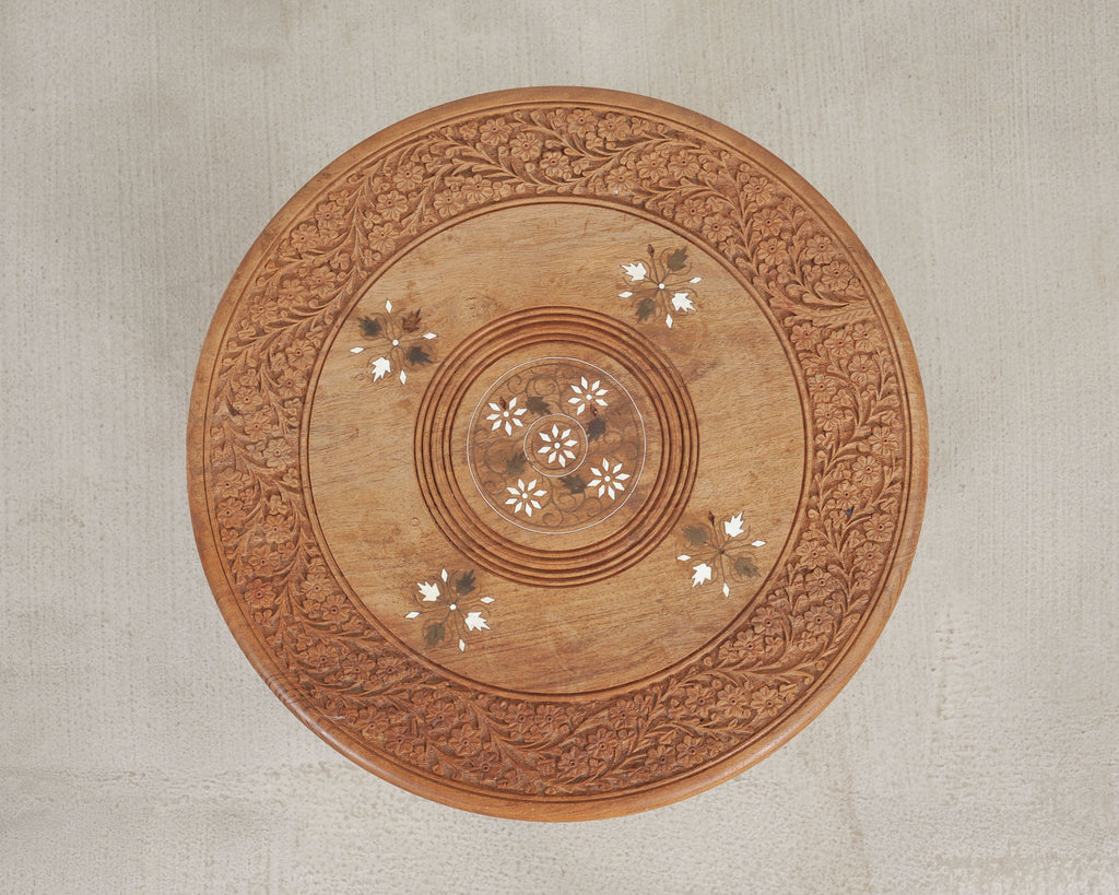 Moorish Style Carved Teak Inlaid Round Tabouret Drink Table