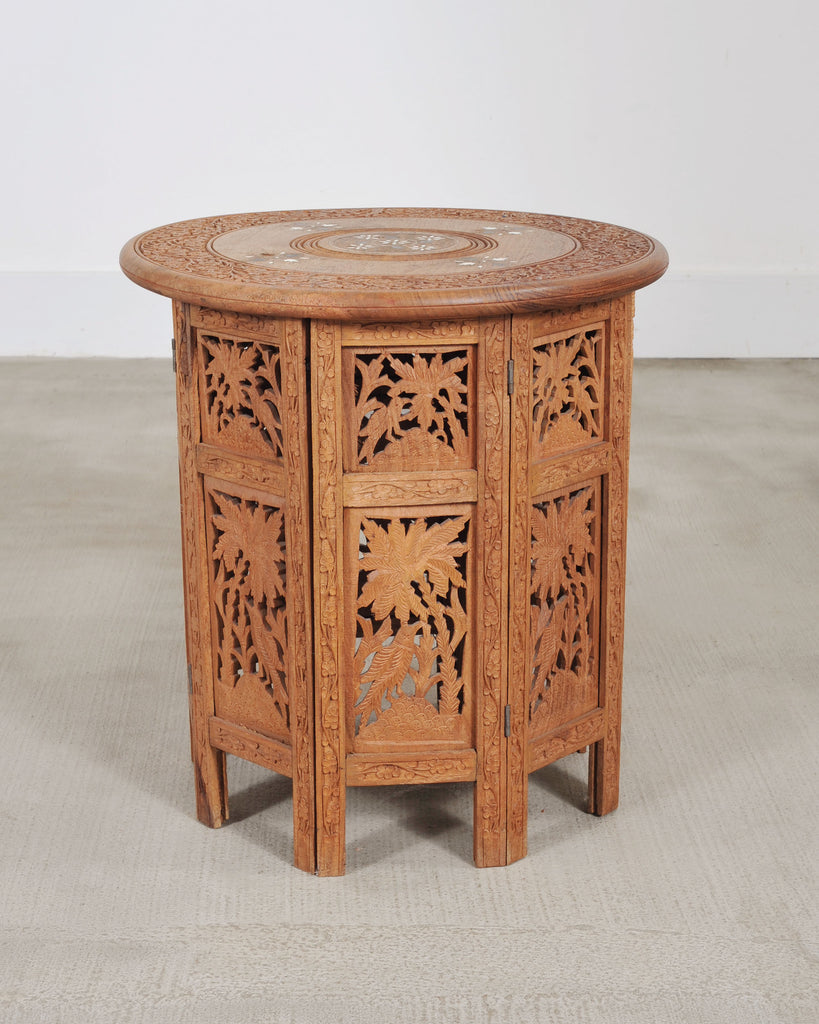 Moorish Style Carved Teak Inlaid Round Tabouret Drink Table