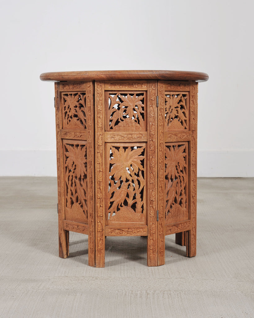 Moorish Style Carved Teak Inlaid Round Tabouret Drink Table