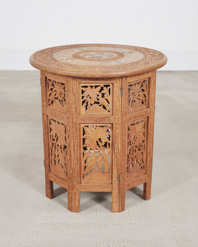 Moorish Style Carved Teak Inlaid Round Tabouret Drink Table