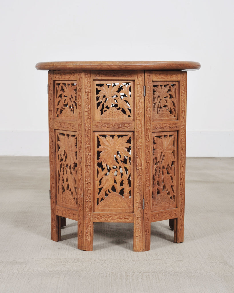 Moorish Style Carved Teak Inlaid Round Tabouret Drink Table
