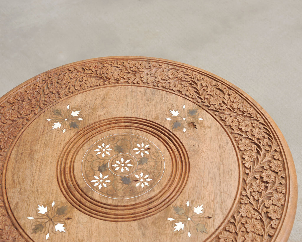 Moorish Style Carved Teak Inlaid Round Tabouret Drink Table