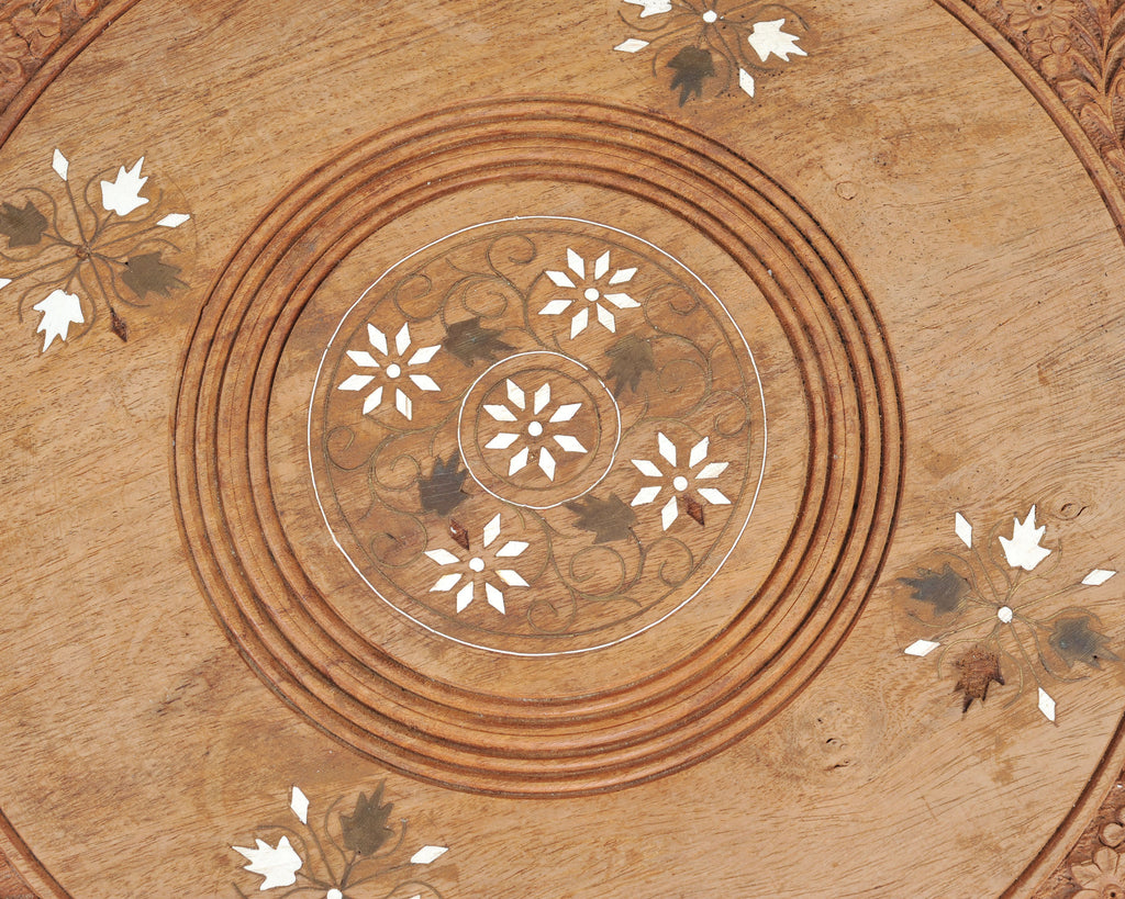 Moorish Style Carved Teak Inlaid Round Tabouret Drink Table