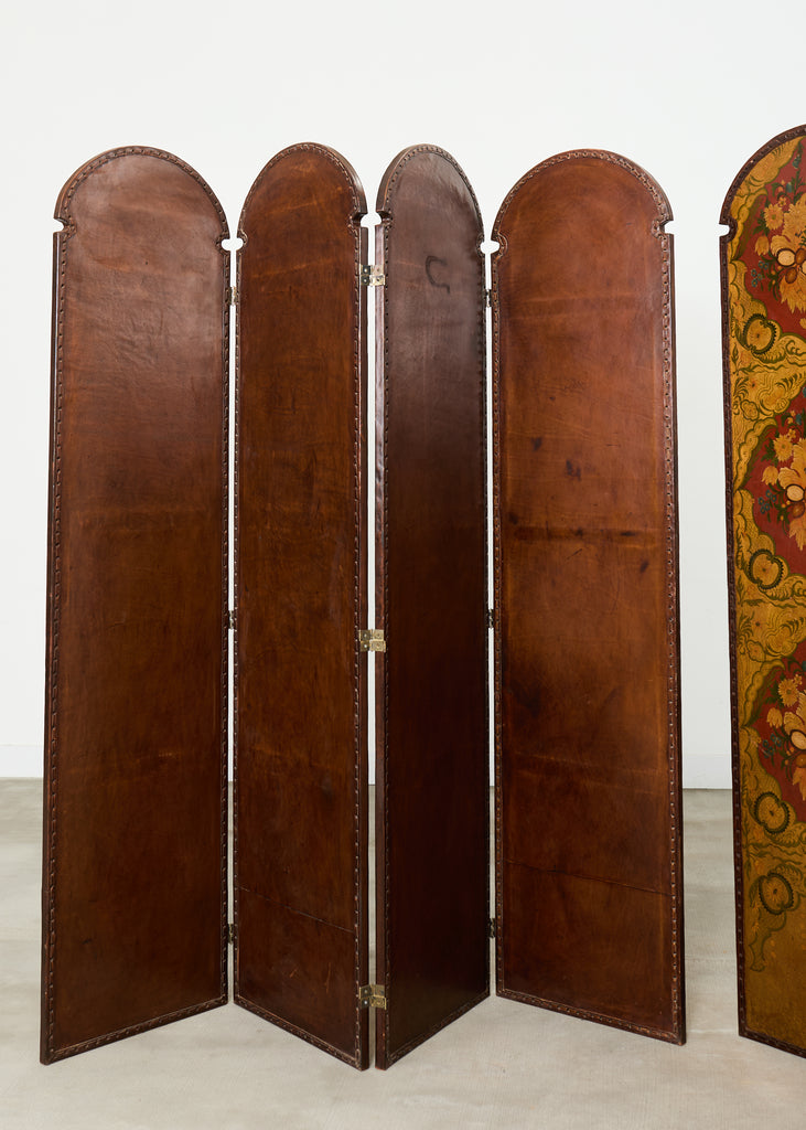 Spanish Colonial Baroque Style Painted Leather Eight Panel Screen