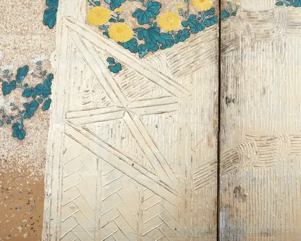 Japanese Meiji Six Panel Screen Brushwood Gate with Chrysanthemums