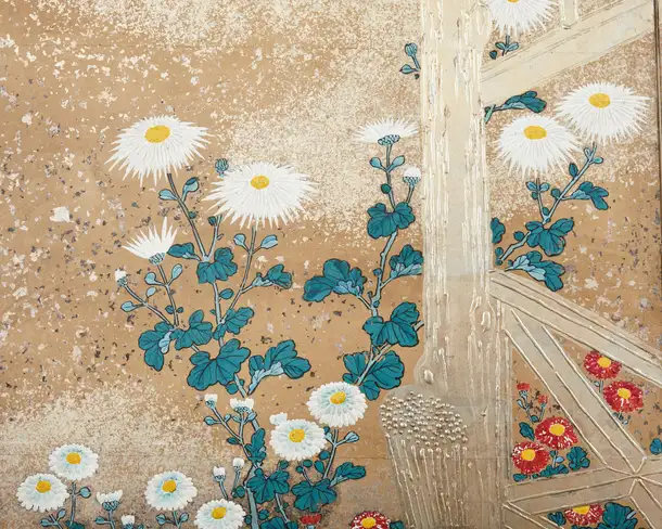 Japanese Meiji Six Panel Screen Brushwood Gate with Chrysanthemums