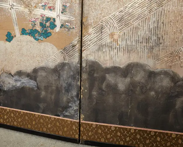 Japanese Meiji Six Panel Screen Brushwood Gate with Chrysanthemums