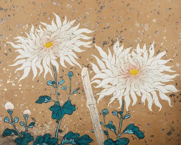 Japanese Meiji Six Panel Screen Brushwood Gate with Chrysanthemums