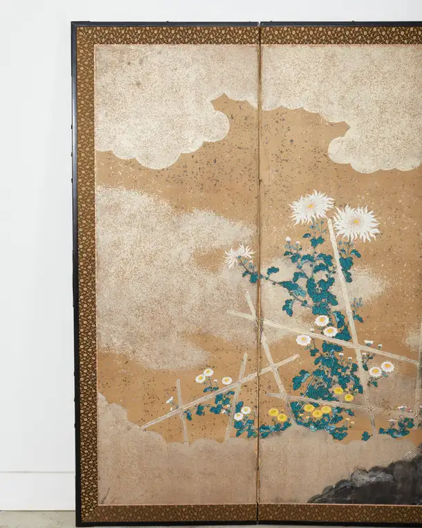 Japanese Meiji Six Panel Screen Brushwood Gate with Chrysanthemums