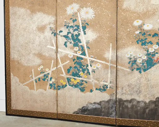 Japanese Meiji Six Panel Screen Brushwood Gate with Chrysanthemums