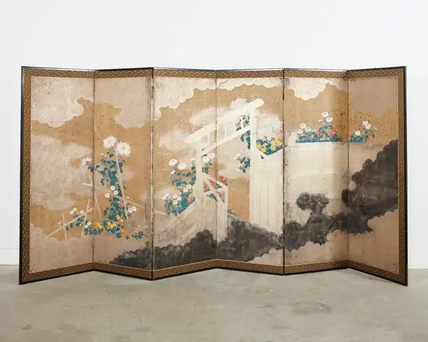 Japanese Meiji Six Panel Screen Brushwood Gate with Chrysanthemums