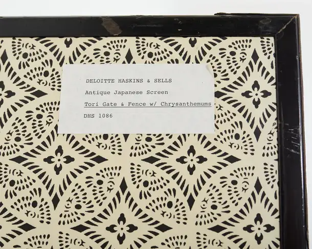 Japanese Meiji Six Panel Screen Brushwood Gate with Chrysanthemums