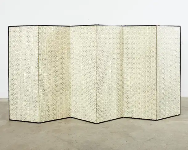 Japanese Meiji Six Panel Screen Brushwood Gate with Chrysanthemums