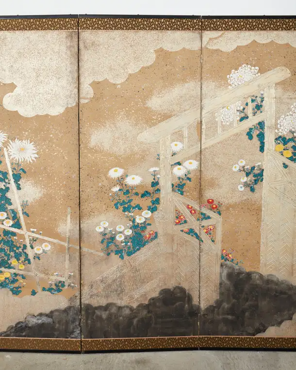 Japanese Meiji Six Panel Screen Brushwood Gate with Chrysanthemums