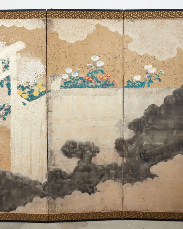Japanese Meiji Six Panel Screen Brushwood Gate with Chrysanthemums