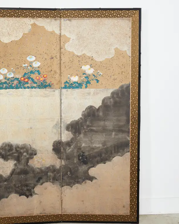 Japanese Meiji Six Panel Screen Brushwood Gate with Chrysanthemums