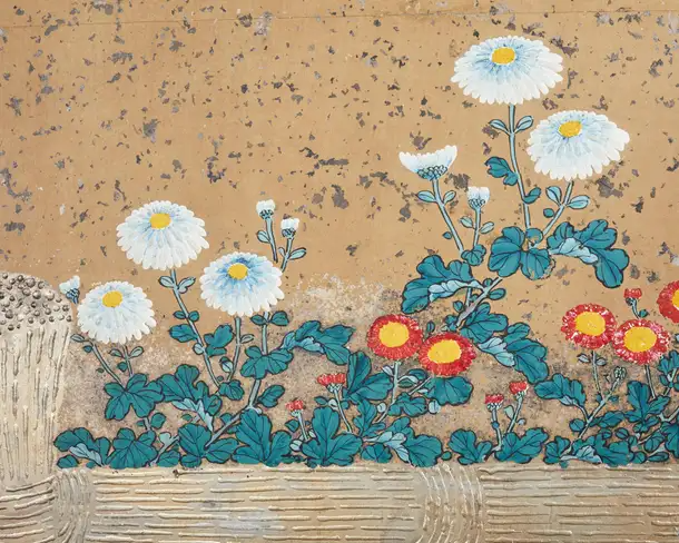 Japanese Meiji Six Panel Screen Brushwood Gate with Chrysanthemums