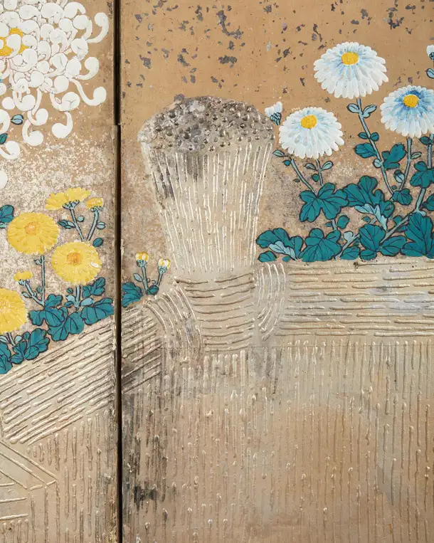 Japanese Meiji Six Panel Screen Brushwood Gate with Chrysanthemums