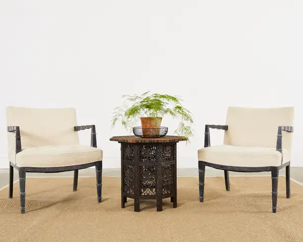 Pair of Modern Cerused Oak Faux Bamboo Bouclé Armchairs