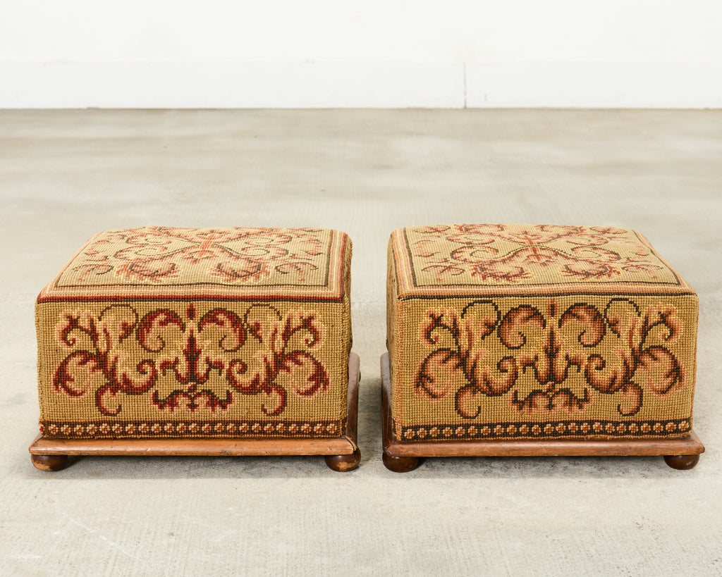 Pair of 19th Century Victorian Needlepoint Square Footstools