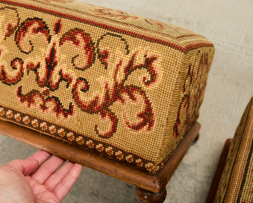 Pair of 19th Century Victorian Needlepoint Square Footstools