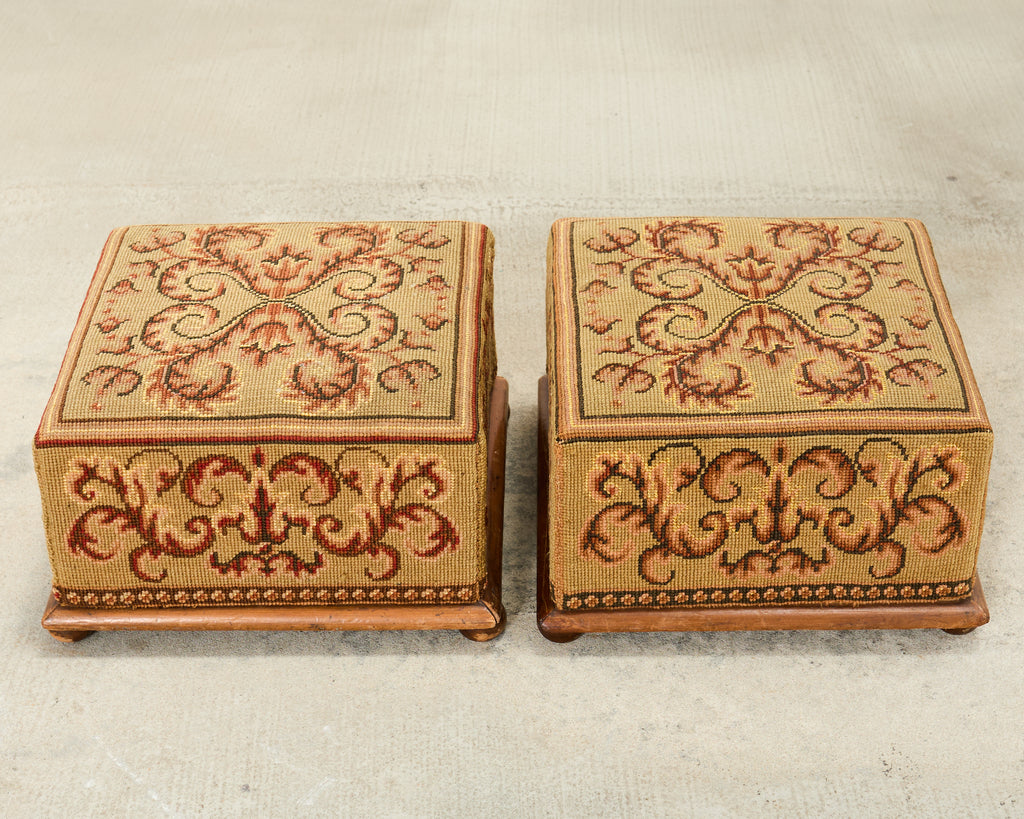Pair of 19th Century Victorian Needlepoint Square Footstools