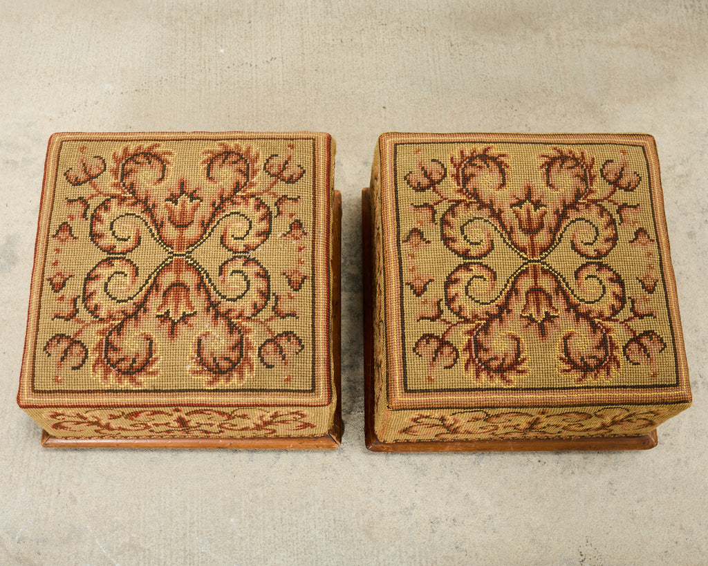 Pair of 19th Century Victorian Needlepoint Square Footstools
