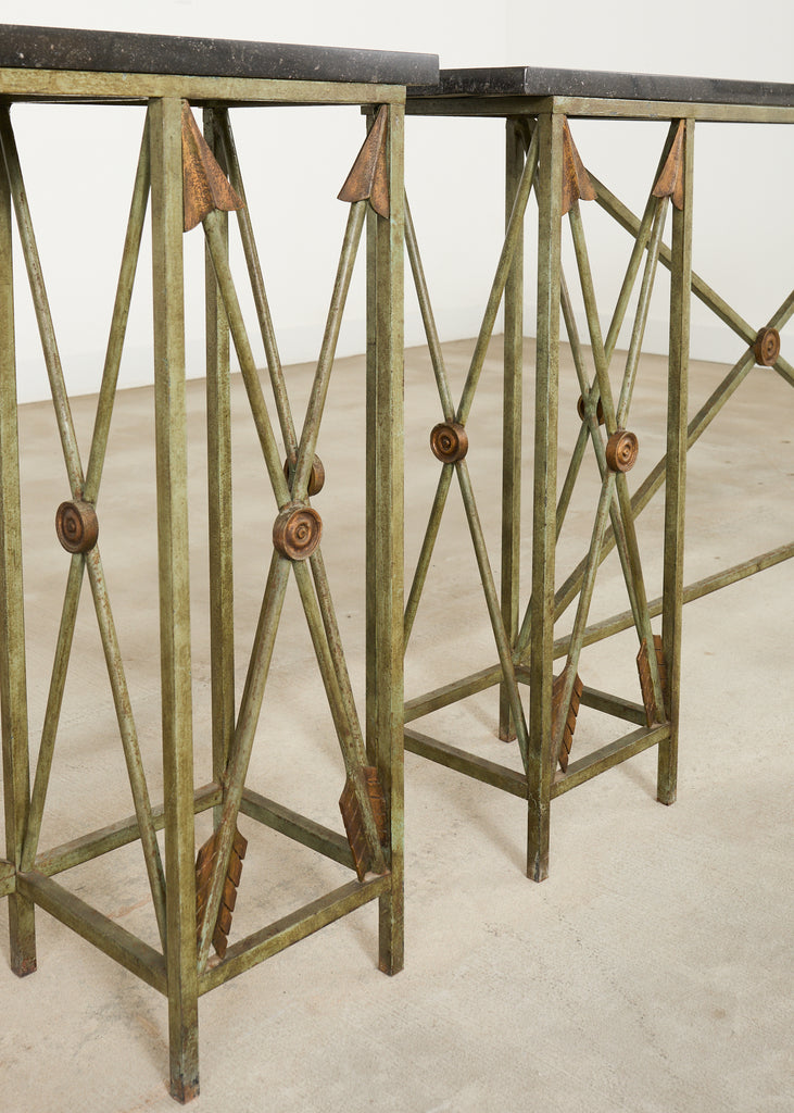 Pair of Maison Jansen Style Neoclassical Iron Granite Consoles