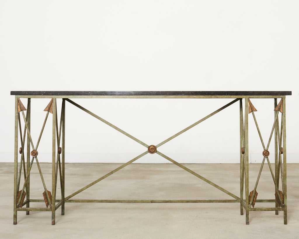 Pair of Maison Jansen Style Neoclassical Iron Granite Consoles