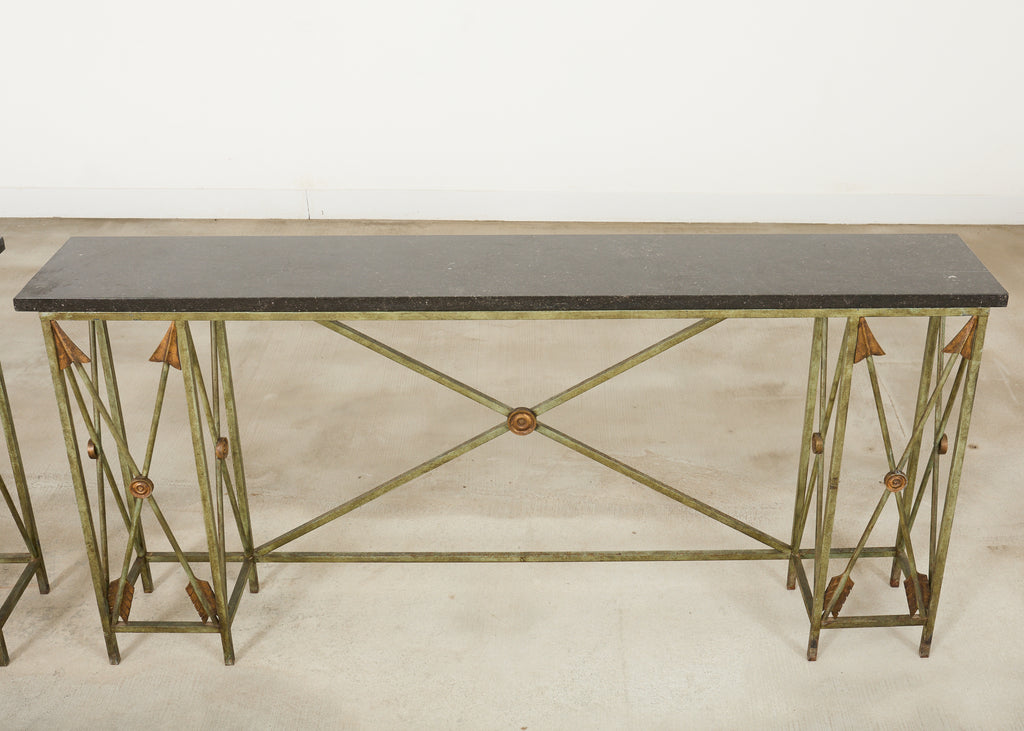 Pair of Maison Jansen Style Neoclassical Iron Granite Consoles