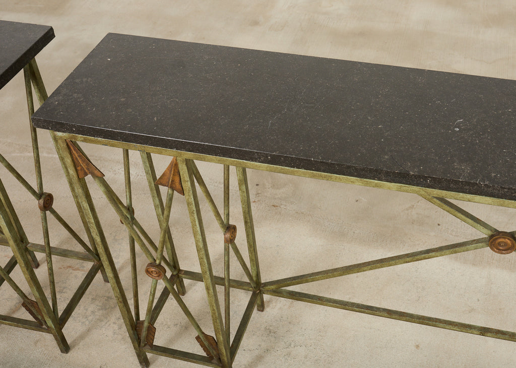Pair of Maison Jansen Style Neoclassical Iron Granite Consoles