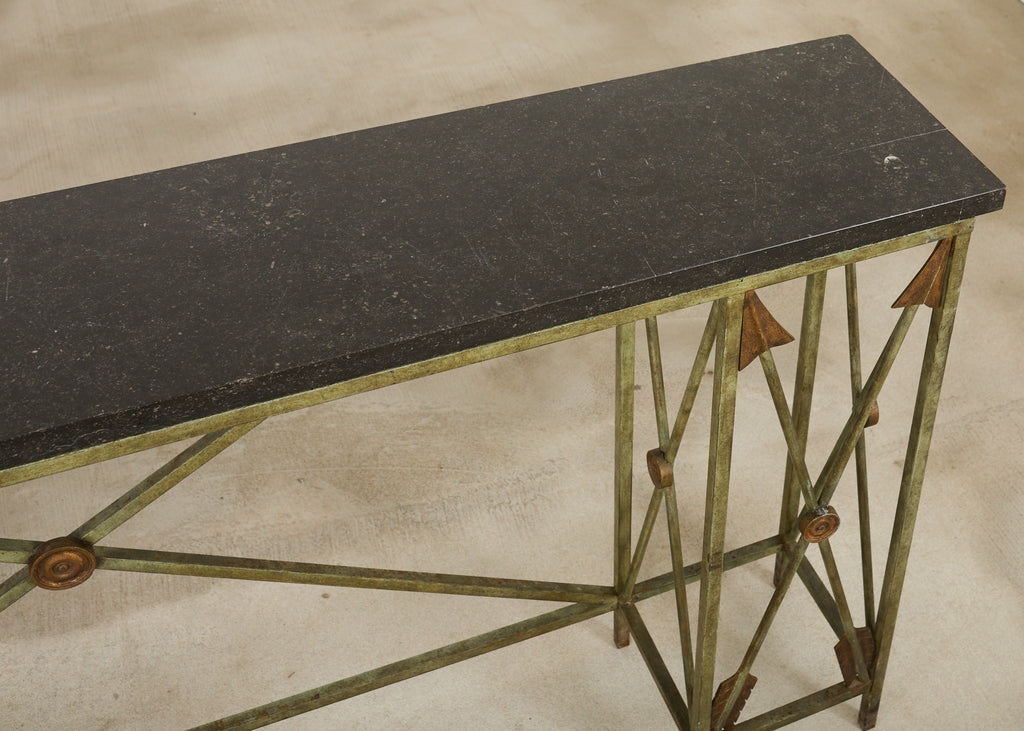 Pair of Maison Jansen Style Neoclassical Iron Granite Consoles