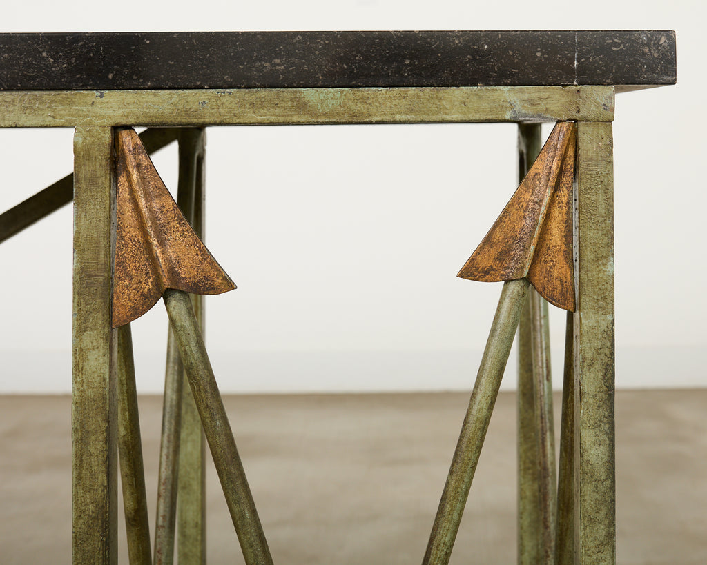 Pair of Maison Jansen Style Neoclassical Iron Granite Consoles