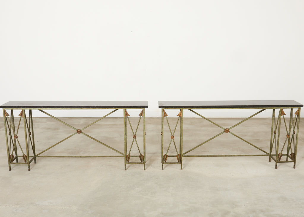 Pair of Maison Jansen Style Neoclassical Iron Granite Consoles