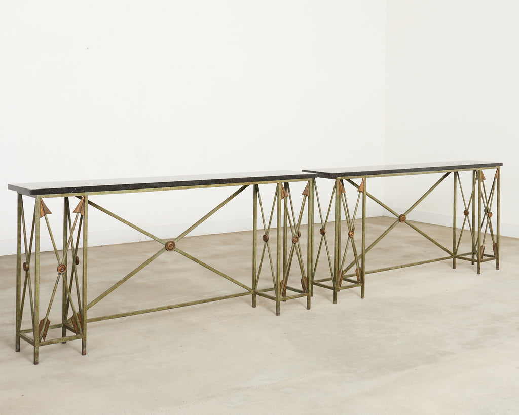 Pair of Maison Jansen Style Neoclassical Iron Granite Consoles