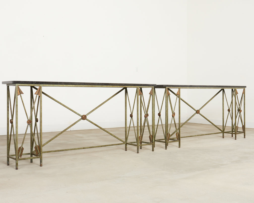 Pair of Maison Jansen Style Neoclassical Iron Granite Consoles