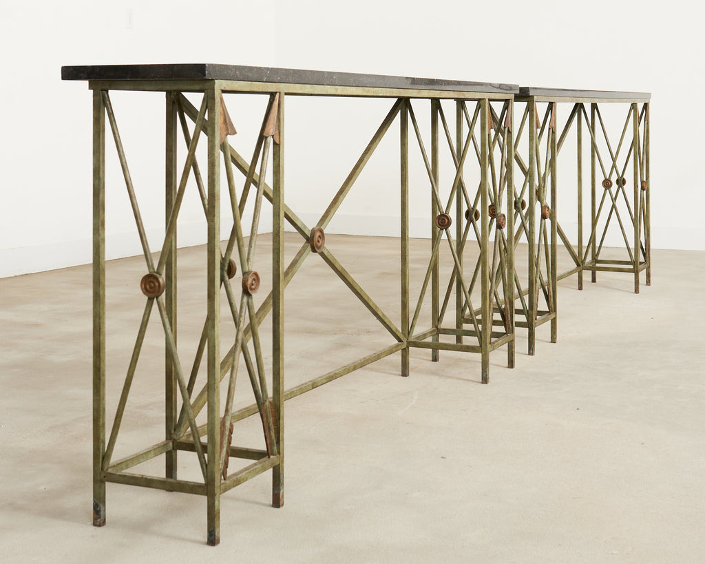 Pair of Maison Jansen Style Neoclassical Iron Granite Consoles