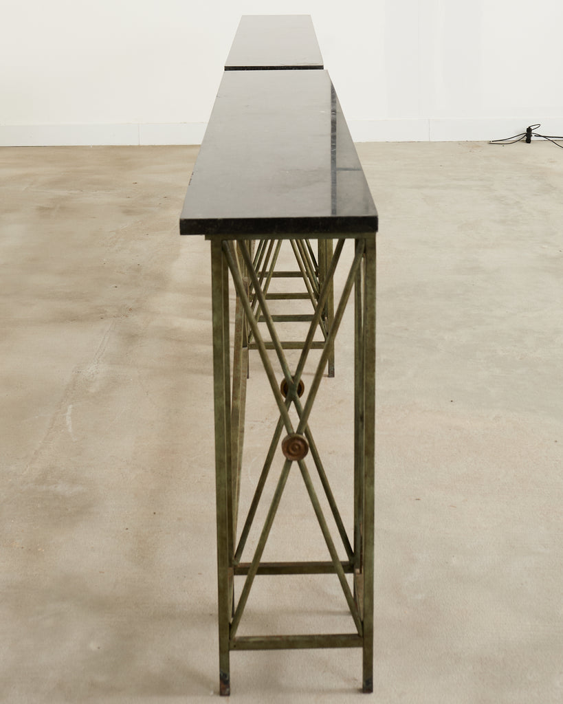 Pair of Maison Jansen Style Neoclassical Iron Granite Consoles