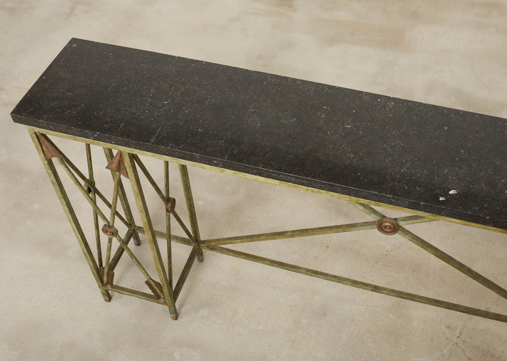 Pair of Maison Jansen Style Neoclassical Iron Granite Consoles