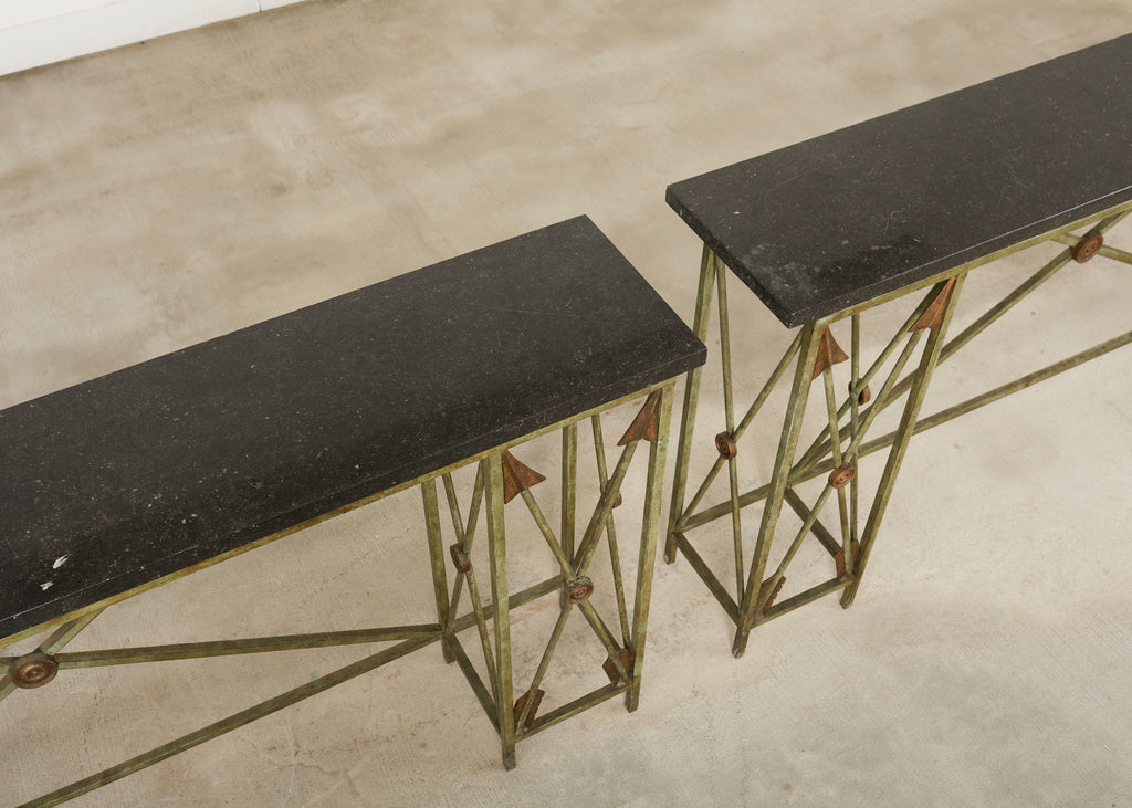 Pair of Maison Jansen Style Neoclassical Iron Granite Consoles