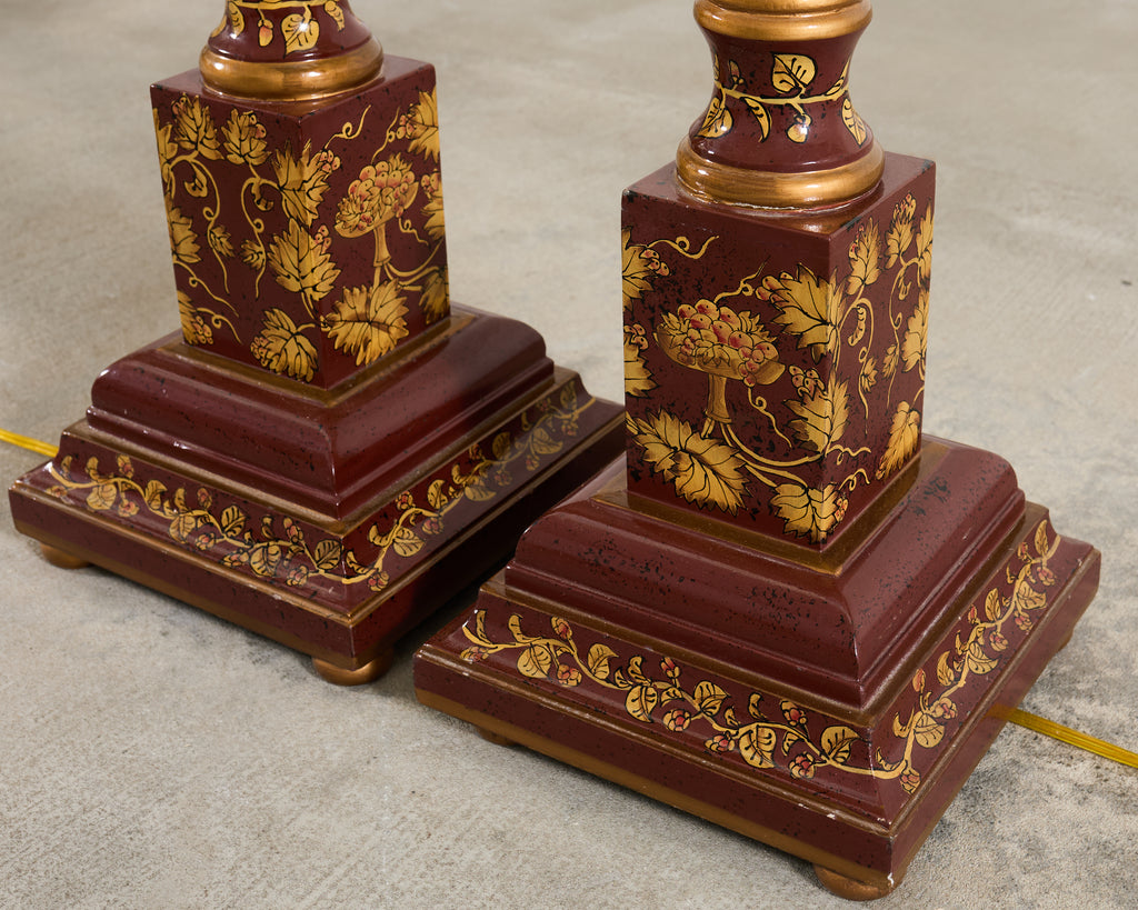 Pair of Lacquered Wood Chinoiserie Gilt Decorated Floor Lamps