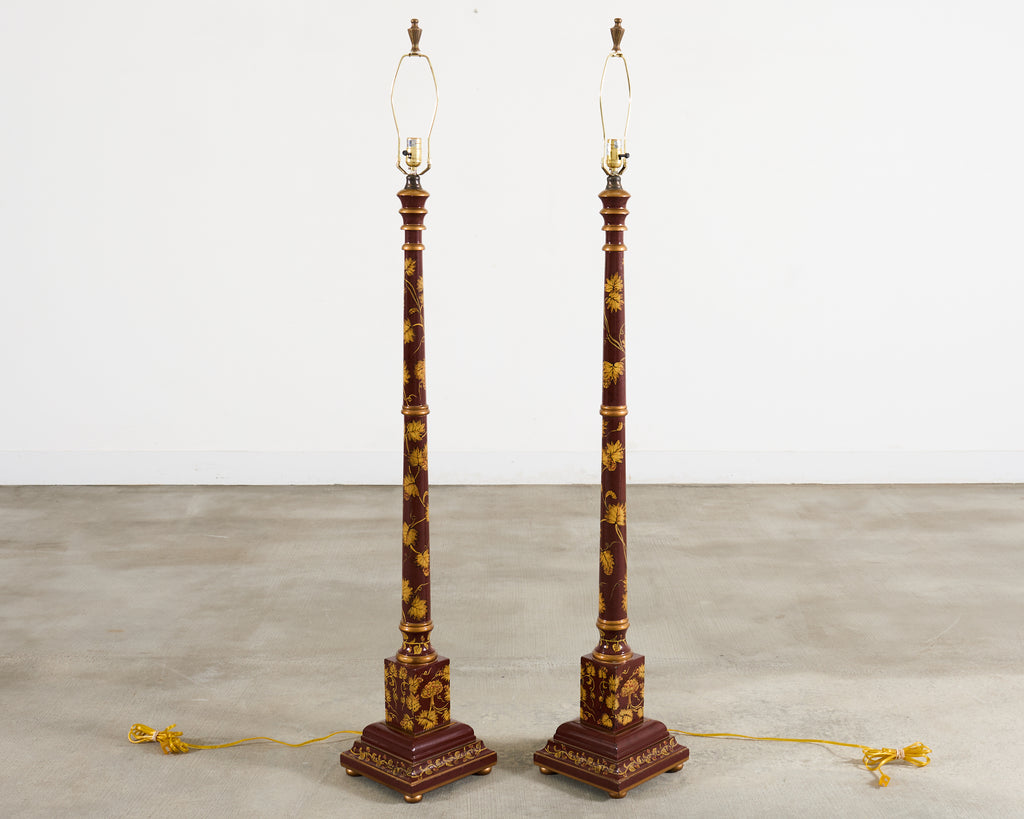 Pair of Lacquered Wood Chinoiserie Gilt Decorated Floor Lamps