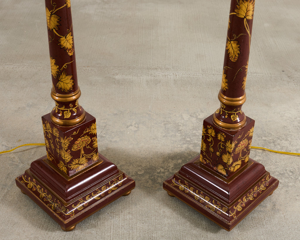 Pair of Lacquered Wood Chinoiserie Gilt Decorated Floor Lamps